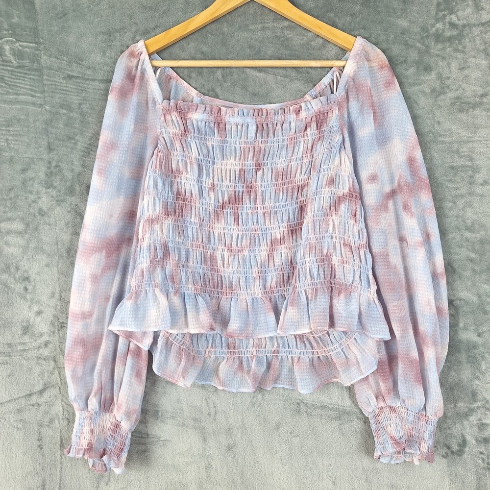 Womens Top 1X Boho Tie Dye Watercolor Milkmaid Smocked Ruffle Fairy Smocked